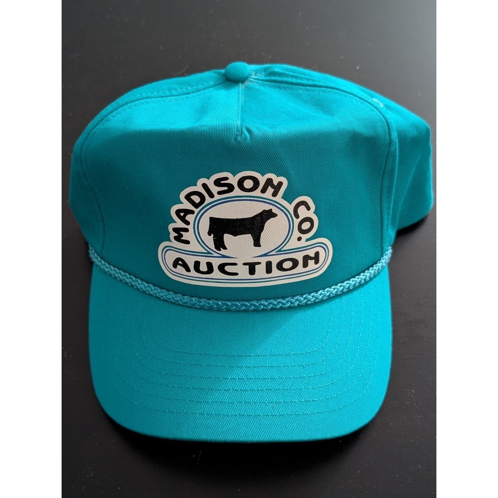 Vintage Madison County Auction Hat (Iowa) Teal Aqua Snapback OSFM by Cameo Caps